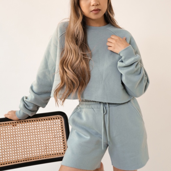 DUSTY SAGE GREEN CROP SWEATER SHORTS SET - Picture 3 of 4